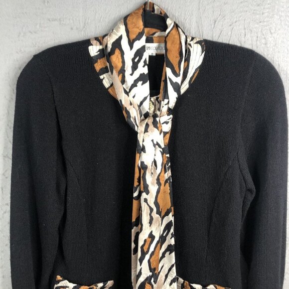 Vintage Anne Crimmins  Sweater Womens Small Black Cheetah Print Career Scarf 80s - Picture 2 of 16